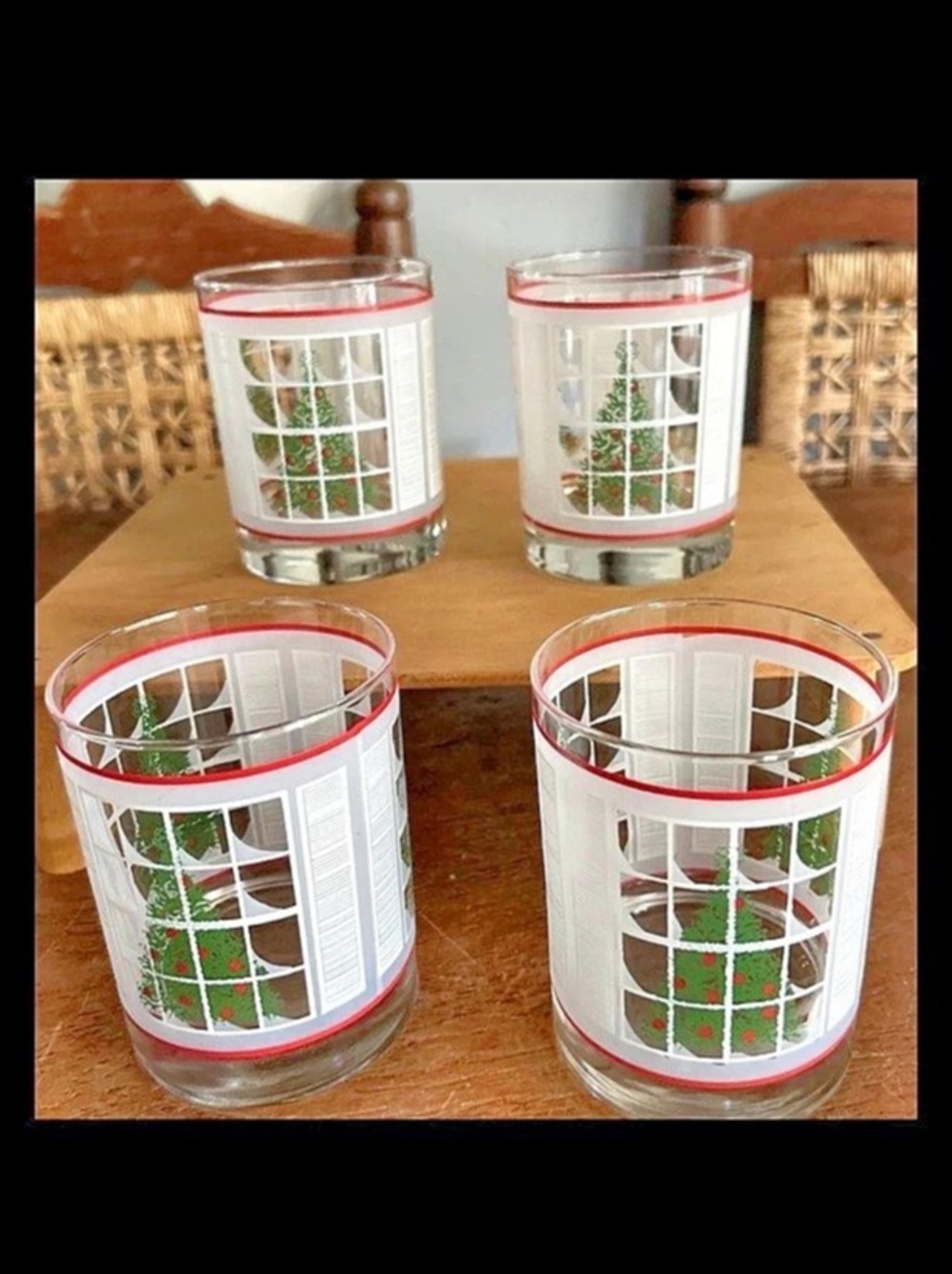 Set of 4 Christmas Tree in the Window Old Fashioned Low Ball Glasses